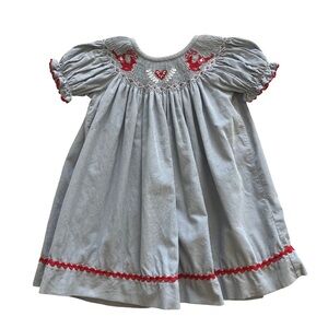 Southern Tots Smocked Bishop Dress Corduroy Blue Red Reindeer Christmas 18M